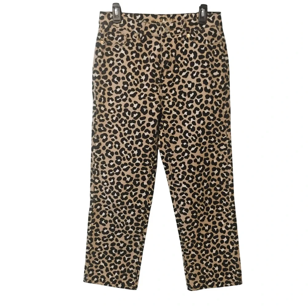 Michael Kors Womens Leopard Print Straight Leg Cropped Jeans Tan Black Size 4